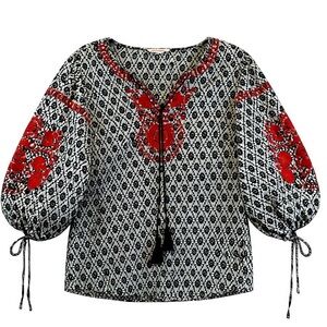 Solitaire Black & Red Embroidered Boho Peasant Top – Size M